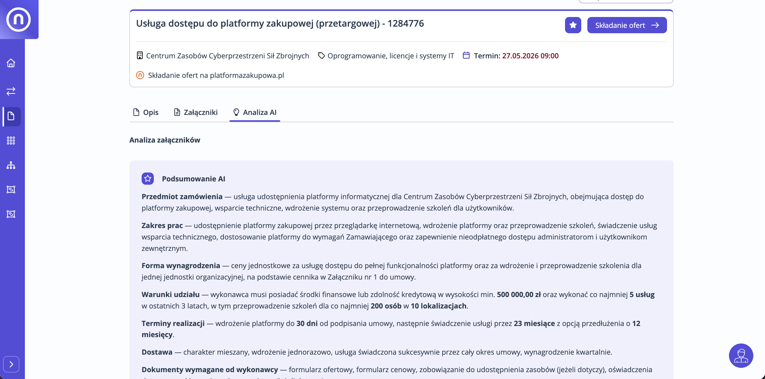 Darmowa analiza AI dokumentacji przetargowej - platformaofertowa.pl