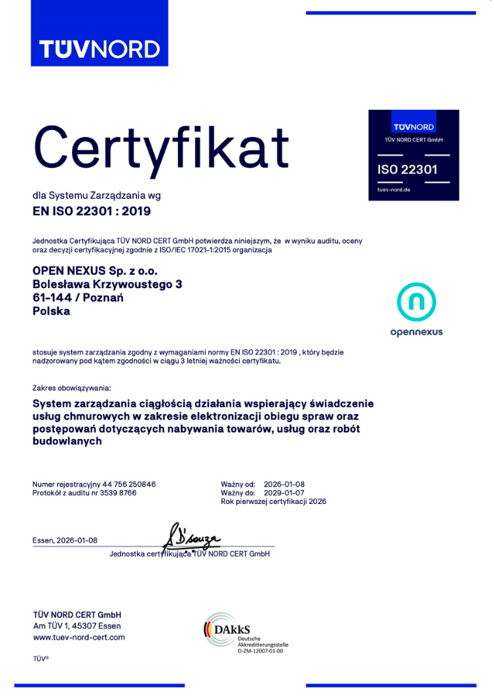 Open Nexus - certyfikat ISO 22301 | ofertowa