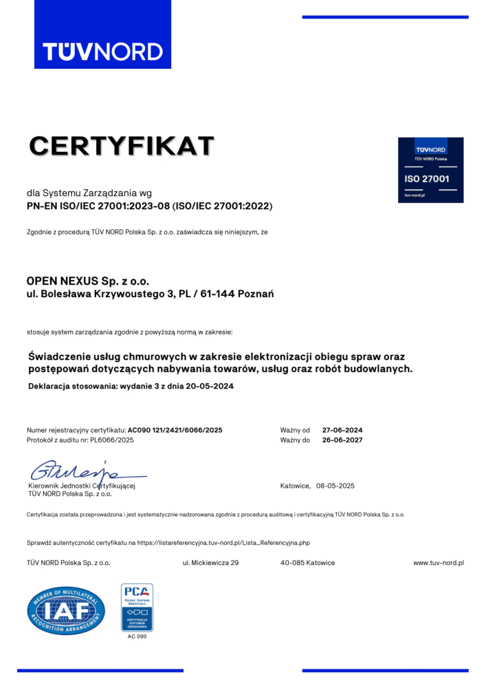 Open Nexus - certyfikat ISO 27001 | ofertowa