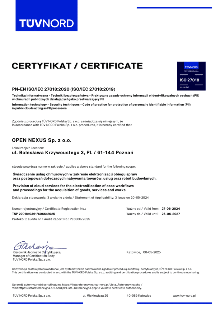 Open Nexus - certyfikat ISO 27018 | ofertowa