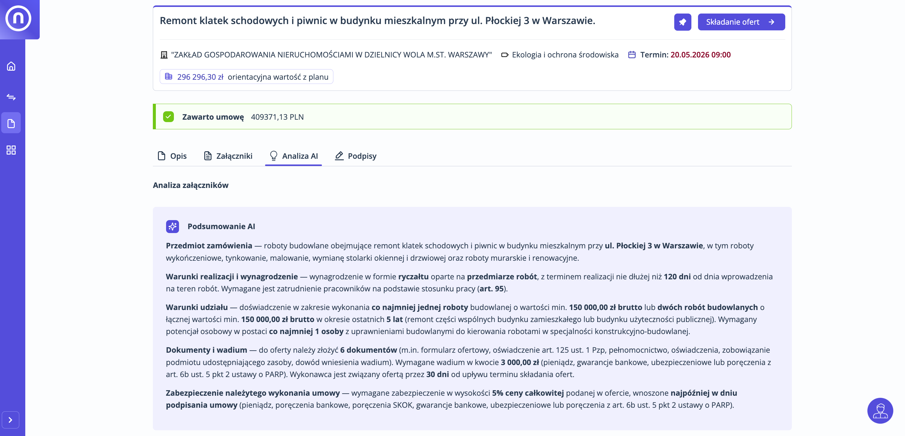 Podsumowanie AI analizy SWZ - ofertowa.pl